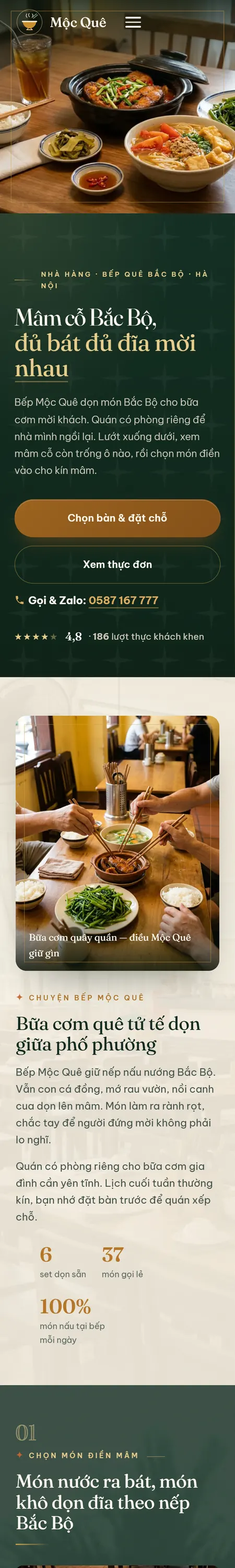 Website demo Mộc Quê trên điện thoại — phần 1/8