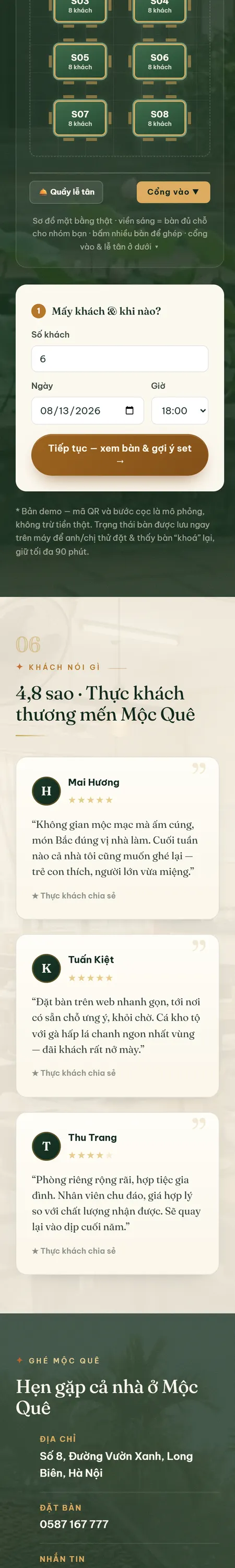 Website demo Mộc Quê trên điện thoại — phần 7/8