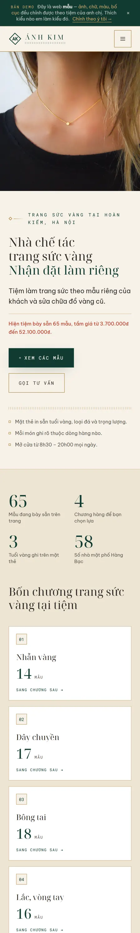 Website demo Ánh Kim trên điện thoại — phần 1/9