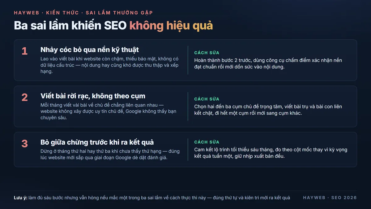 Bảng ba sai lầm khiến SEO không hiệu quả trên nền xanh đậm — nhảy cóc bỏ qua nền kỹ thuật, viết bài rời rạc không theo cụm, và bỏ giữa chừng trước khi ra kết quả, kèm cách sửa từng sai lầm