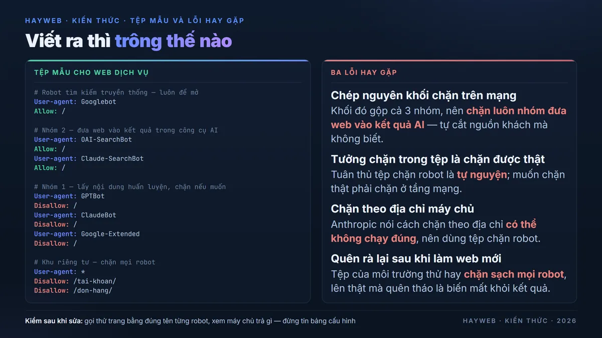 Bảng thông tin nền xanh đậm gồm tệp mẫu cho website dịch vụ với các khối khai từng robot theo nhóm, bên cạnh là bốn lỗi hay gặp gồm chép nguyên khối chặn trên mạng, tưởng chặn trong tệp là chặn được thật, chặn theo địa chỉ máy chủ, và quên rà lại sau khi làm website mới
