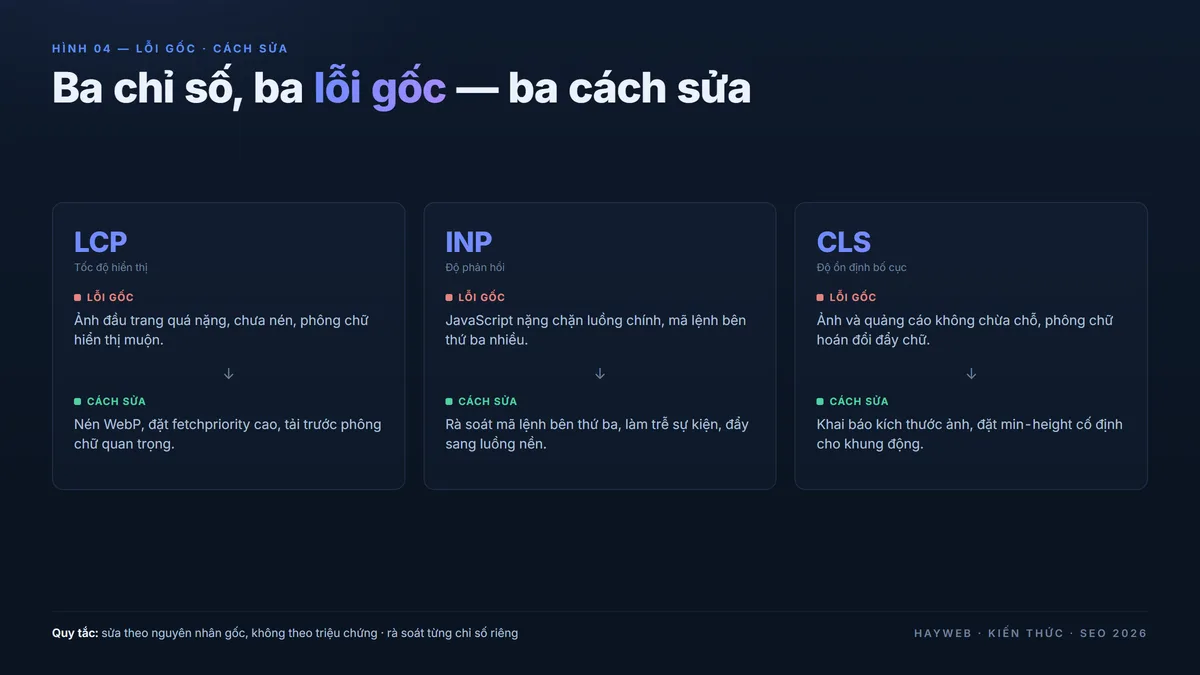 Ba chỉ số Core Web Vitals và lỗi gốc cùng cách sửa — LCP ảnh nặng, INP JavaScript chặn luồng chính, CLS không chừa chỗ — bảng editorial navy xanh dương