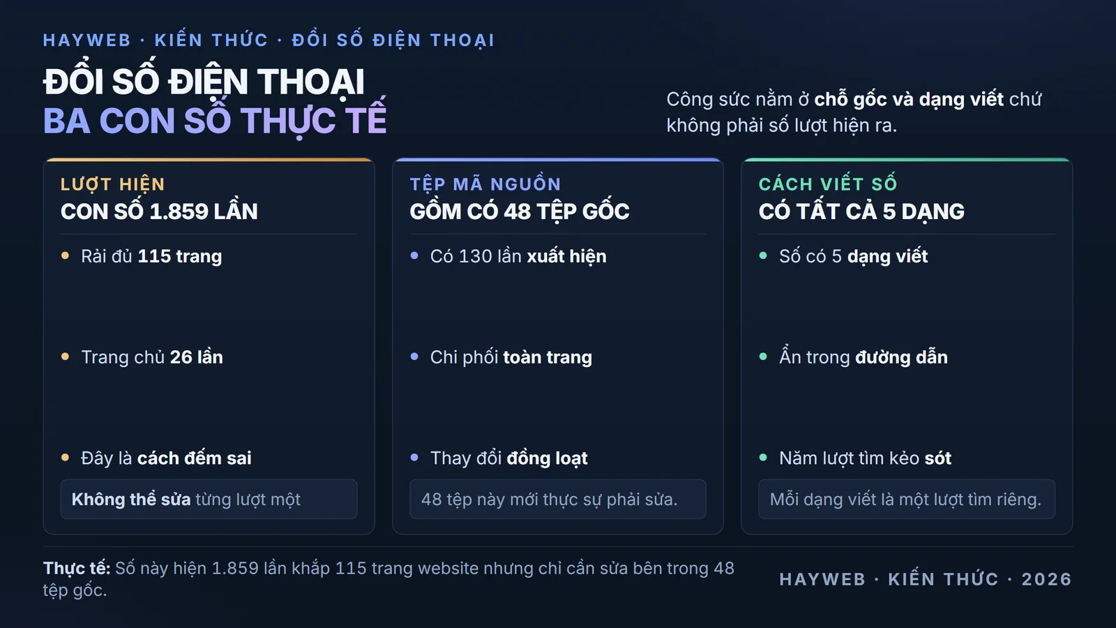 Bảng thông tin chia ba cột chỉ ra những con số thực tế khi rà soát website. Cột một nêu số lượt hiện ra là 1.859 lần. Cột hai cho biết số chỗ gốc thực sự cần sửa chỉ có 48 tệp. Cột ba nhắc nhở về 5 dạng viết khác nhau của một số điện thoại.