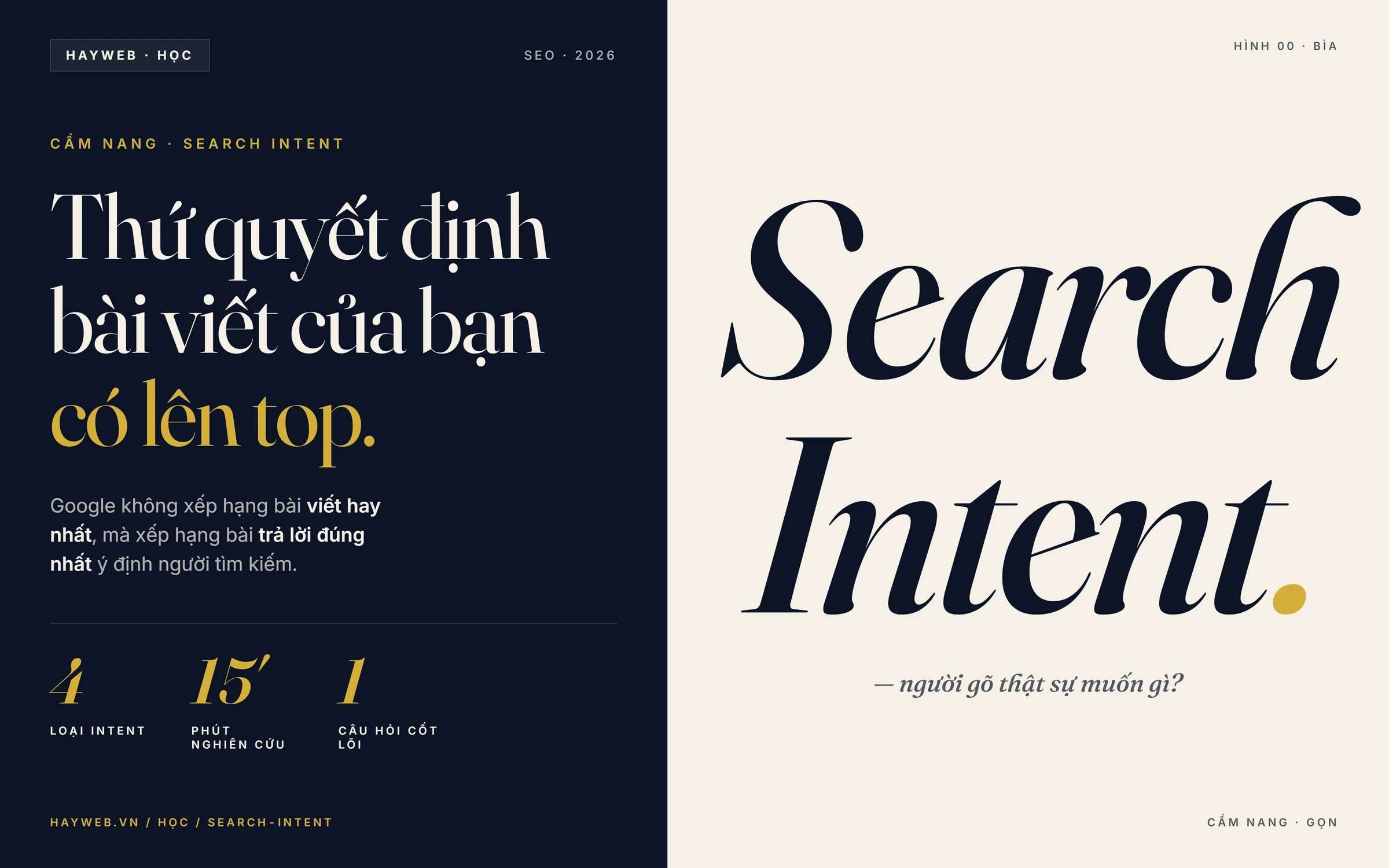 Search Intent — Thứ quyết định bài viết của bạn có lên top. Bìa biên tập HAYWEB tông xanh đậm và kem