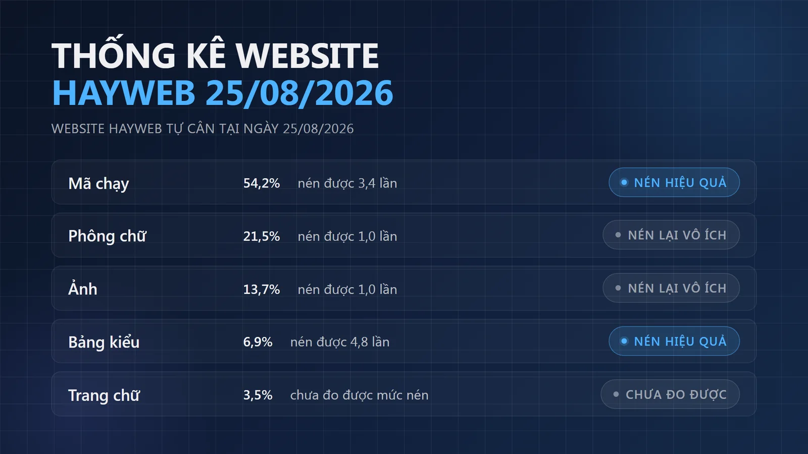 Bảng năm thẻ mô tả tỉ lệ phần trăm của các loại tệp: mã chạy chiếm 54,2%, phông chữ 21,5%, ảnh 13,7%, bảng kiểu 6,9%, và trang chữ 3,5%