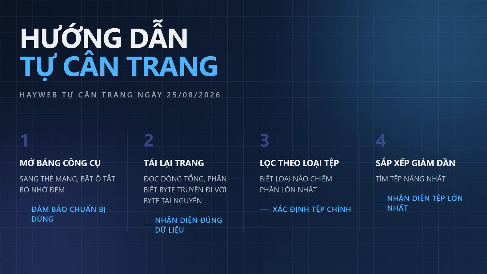 Người dùng mở công cụ trình duyệt, tải lại trang, lọc tệp và sắp xếp giảm dần để tìm tệp nặng nhất.