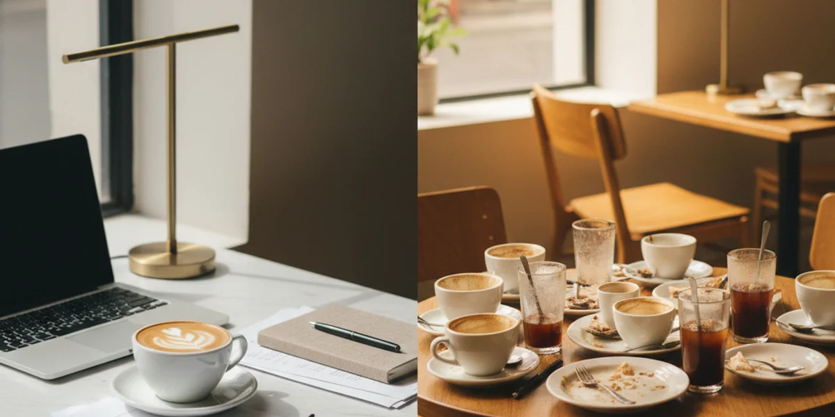 So sánh hai khung cảnh café Quận 1 — bên trái ngày thường với laptop, đèn đồng và tách flat white cho khách văn phòng; bên phải cuối tuần với nhiều ly cà phê đá và đĩa bánh cho khách nhóm