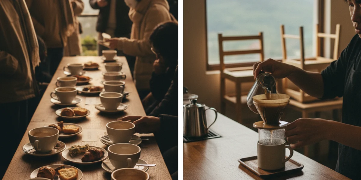 So sánh hai phong cách café Việt Nam — bên trái Sài Gòn Quận 1 với máy pha espresso đồng, đèn LED sáng, khách công nghệ vội vã; bên phải Đà Lạt Trại Mát với rang café tại chỗ trong khung gỗ, khung cảnh rừng thông phủ sương, du khách áo len ngồi chậm