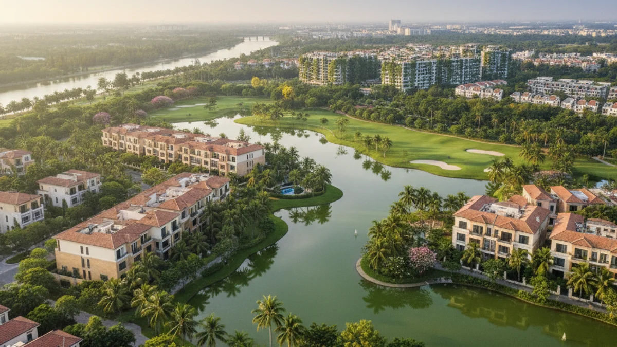 Phối cảnh khu đô thị Ecopark Hưng Yên nhìn từ trên cao — phân khu Aqua Bay với hồ điều hoà trung tâm, hàng villa hai tầng mái dốc, cầu Mễ Sở nối Hà Nội phía xa, tán cây xanh phủ khắp khu đô thị