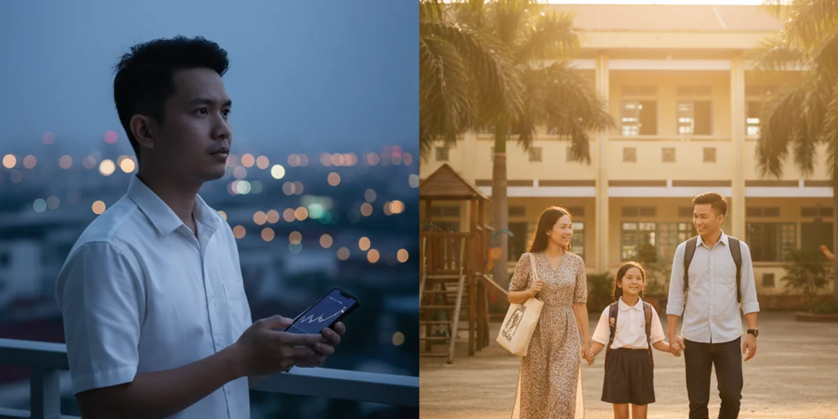 So sánh hai phong cách khách hàng phía đông Hà Nội — bên trái khách lướt sóng đứng trên ban công căn hộ với điện thoại xem biểu đồ giá tone xanh lạnh hoàng hôn, bên phải gia đình trẻ ba người dắt con qua sân trường quốc tế kèm cây xanh và sân chơi gỗ tone vàng ấm golden hour