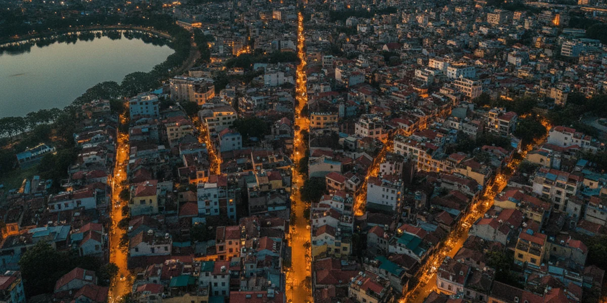 Khu phố cổ Hoàn Kiếm Hà Nội nhìn từ trên cao buổi hoàng hôn — những mái khách sạn nhỏ san sát quanh Hồ Gươm, đèn đường bắt đầu sáng, dòng người và xe trên các con phố nghề chật hẹp
