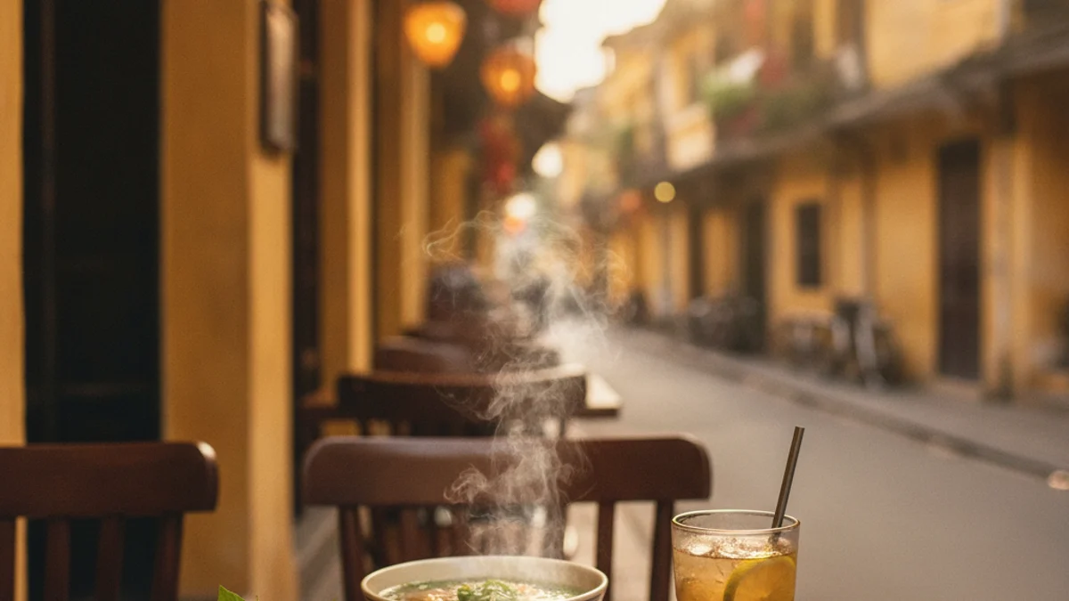 Nhà hàng phố cổ Hoàn Kiếm Hà Nội buổi chiều vàng — bát phở nóng còn bốc khói trên bàn gỗ, ly trà đá cạnh bên, dãy đèn lồng lụa treo trên ngõ nhỏ phố cổ sơn vàng phía sau