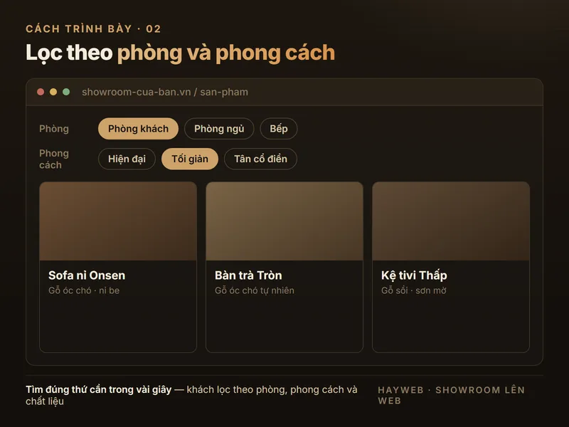 Đồ hoạ minh hoạ giao diện lọc danh mục sản phẩm nội thất theo phòng và phong cách, kèm các thẻ sản phẩm có tên và chất liệu