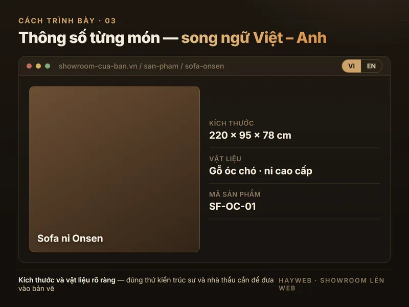 Đồ hoạ minh hoạ trang chi tiết sản phẩm nội thất song ngữ Việt – Anh với kích thước, vật liệu và mã sản phẩm