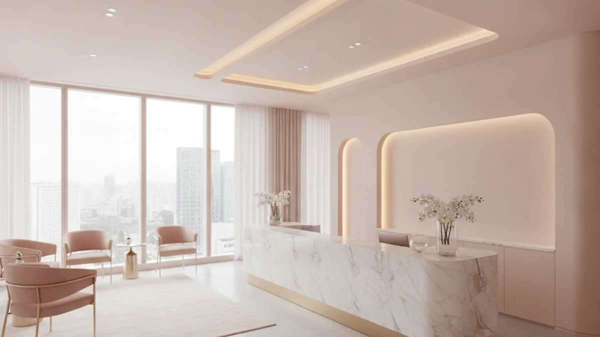 Sảnh tiếp đón một thẩm mỹ viện cao cấp Quận 10 TP.HCM với quầy lễ tân đá cẩm thạch, tông hồng phấn và vàng champagne, ghế chờ bọc nỉ, lan trắng và khung cảnh thành phố — minh hoạ không gian thẩm mỹ viện đưa lên website