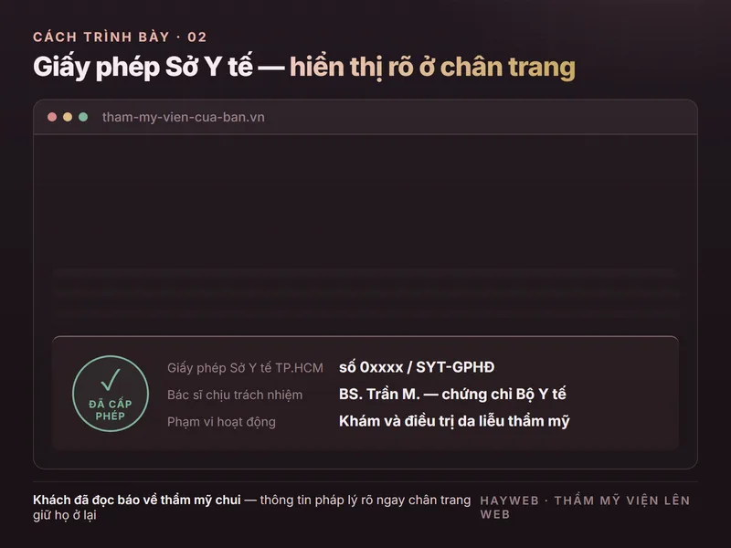 Giao diện mẫu khối giấy phép Sở Y tế ở chân trang website thẩm mỹ viện — con dấu đã cấp phép, số giấy phép Sở Y tế TP.HCM, bác sĩ chịu trách nhiệm chuyên môn và phạm vi hoạt động