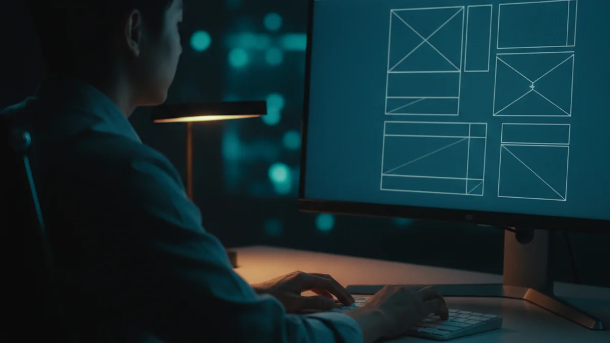 Người thiết kế web HAYWEB dựng bố cục trang trên màn hình lớn ánh sáng lạnh — góc nhìn qua vai, tập trung vào khung lưới giao diện