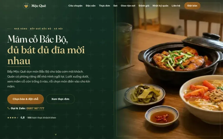 Ảnh chụp website mẫu Mộc Quê — ngành Dịch vụ nấu cỗ, do HAYWEB dựng